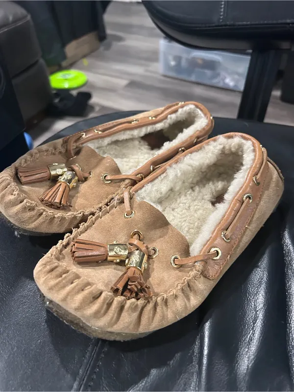Womens Cozy Tassel Moccasin Slippers in Tan - Image 6