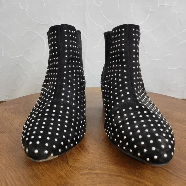 JustFab Jenna Women's Ankle Boots 7 Black Studded Suede Slip On Block Heels - Image 2