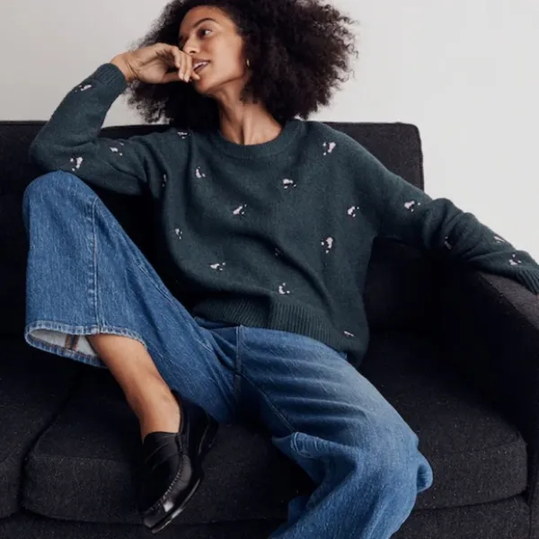 Madewell Floral Embroidered Merino Wool Blend Sweater Green Crewneck Size Small - Image 2
