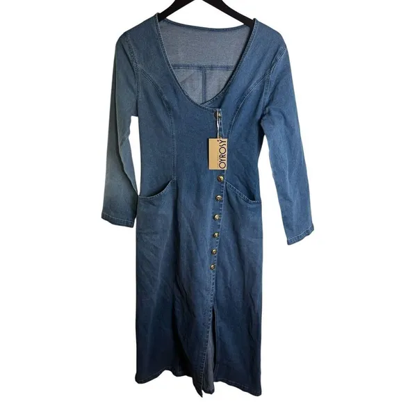 OYROSY V-neck Single-breasted Side-slit Denim Long-sleeved Maxi Dress NWT S - Image 2