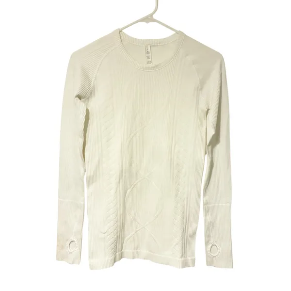 Lululemon Size 4 White Rest Less Pullover Top L/S Thumbhole Textured Athletic - Image 2