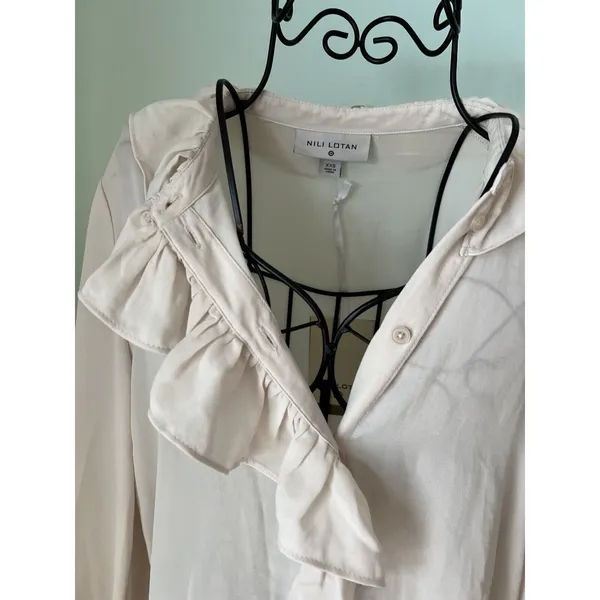 New Nili Lotan Women's XXS Long‎ Sleeve Sheer Ruffle Button Blouse Birch Ivory - Image 3