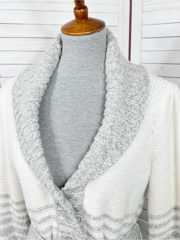 St. John's Bay Stripe Colorblock Shawl Collar Belted Cardigan Sweater Grey White - Image 5