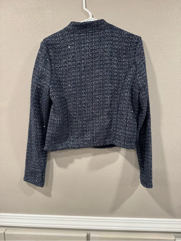 White House Black Market Navy Blue Tweed Jacket with Light Blue Accents Glitter - Image 5