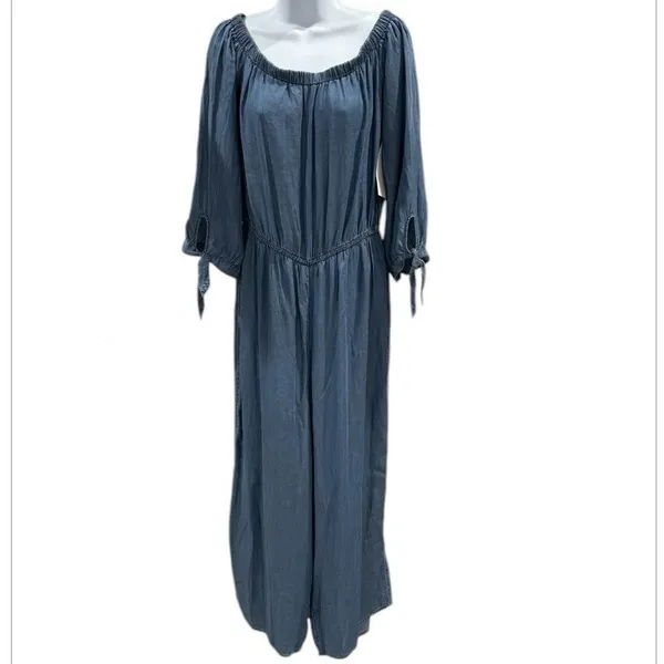 Magnolia‎ Skye NWT Boho Off-Shoulder Jumpsuit with Tie Sleeves Blue Chambray L - Image 2