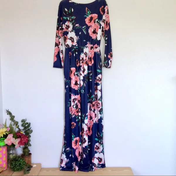 maxi long sleeve floral dress, jersey, blue, flowers - Image 3