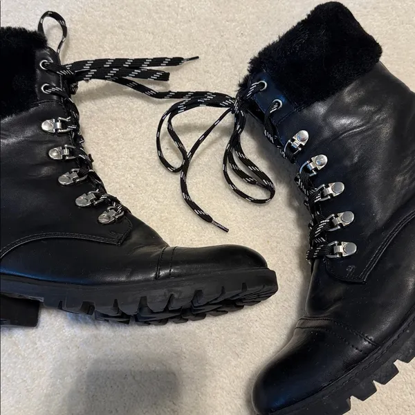 Black Fur Trim Combat Laced Boots - Image 4