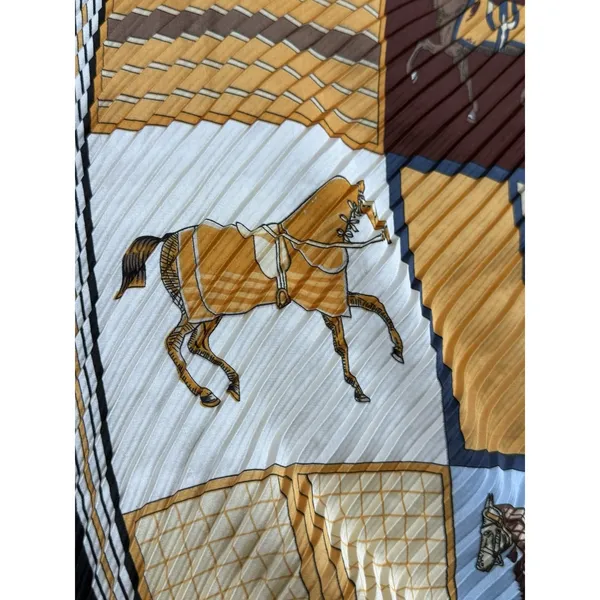 ⁠Vintage Pleated Scarf Equestrian Horse Print Gold Blue Yellow Square Neck Wrap⁠ - Image 7