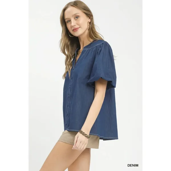 Umgee‎ Denim Button Front Puff Sleeve Boho Blouse - Large - Image 2