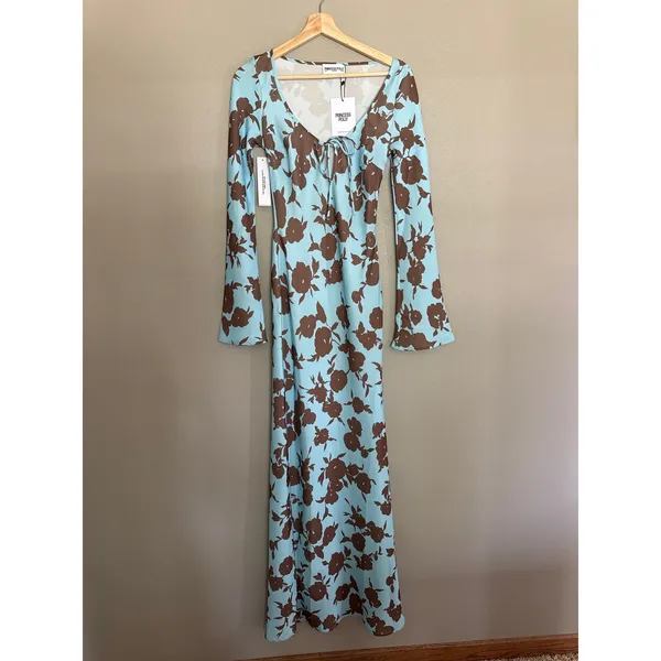 PRINCESS POLLY Elorie Long Sleeve Maxi Dress Blue / Brown Size 2 NEW - Image 2