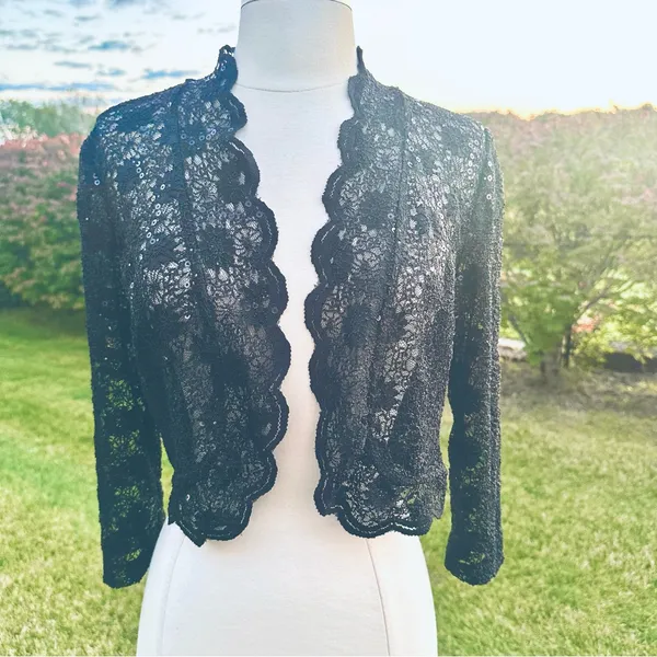 R & M Richards Scalloped Sequin Lace Black Bolero - Image 5