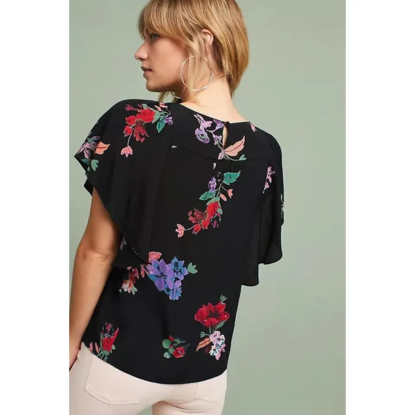 Maeve Black Floral Blouse Top Flowy Short Sleeve Top Size Large - Image 2