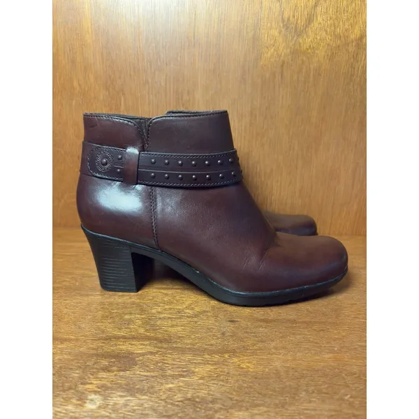 Clarks Dark Brown Leather Ankle Boots Studded Strap Side Zip Size 9 - Image 5