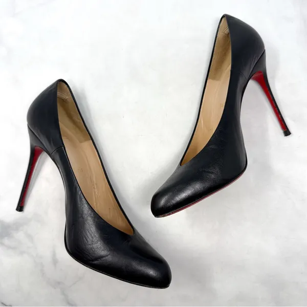 Christian Louboutin Vintage Y2K Yousra 100 Leather Notched Vamp Pump Heels Black - Image 8