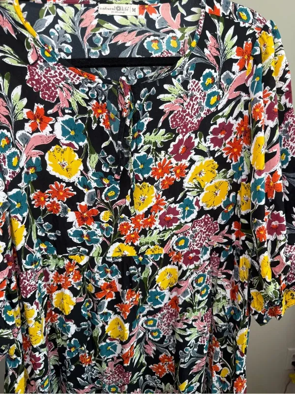 Natural Life Dress Sage V Neck Maxi Tiered Black floral Red Multi Yellow Accents - Image 8