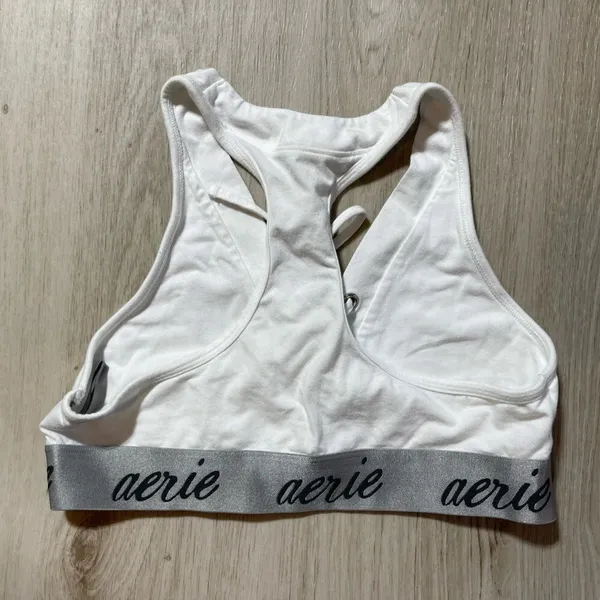 Aerie Women's White Gray Tie Front Sports Bra Size Medium Racerback Logo Band‎ - Image 3
