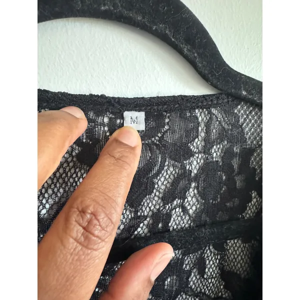 Black Lace Tie Front Crop Top M Sheer Y2K Goth Fairy Grunge‎ Long Sleeve Stretch - Image 3