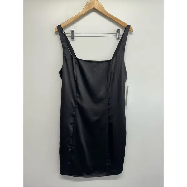 AQUA Mini‎ Satin Dress Size Large Black Square Neck Sleeves Exclusive NWT - Image 2