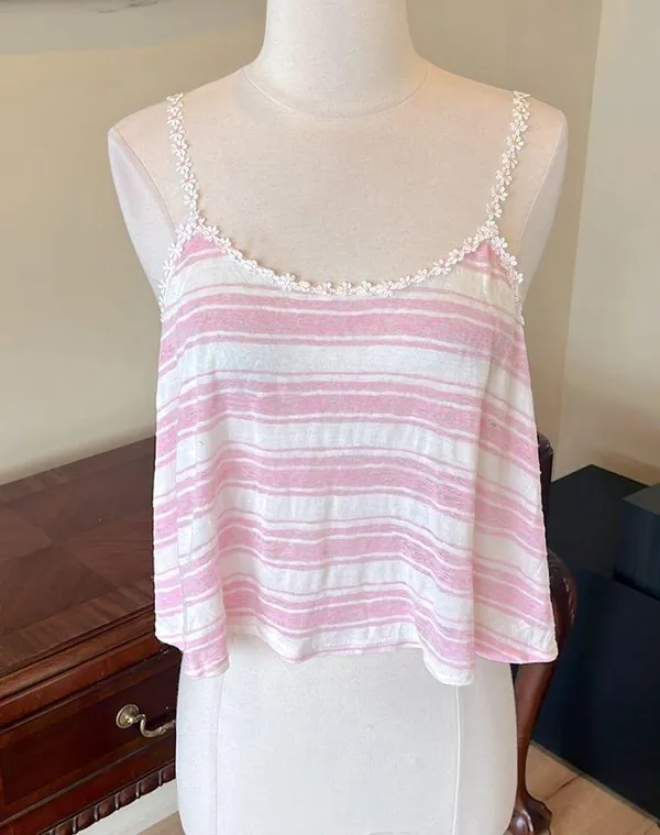Love j Crop Top Pastel Pink Stripe Shirt Flowy Daisy Straps - Image 2