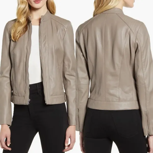 Cole Haan 100% Genuine Lambskin Leather Moto Jacket Lined‎ Biker Taupe Size M - Image 2