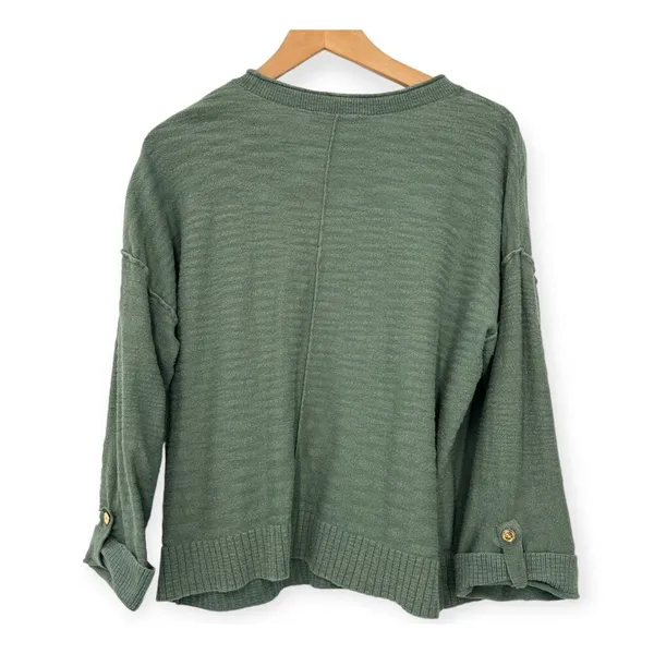 LOFT | Large | Textured Knit V-Neck Gold Button Up Tab-Cuff Pullover Sweater - Image 3