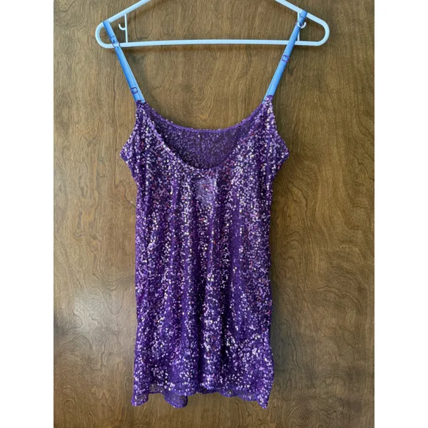 Free People Sz S Sheer Purple Open Back Sequin Slip Dress Y2K Party Layering 90s - Image 5