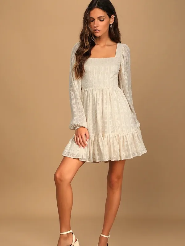 Lulu’s ‘Only you & I” cream long sleeve tie back dress S - Image 2