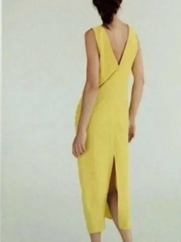 Zara V-Neck Yellow Ruched Midi Dress - Image 7