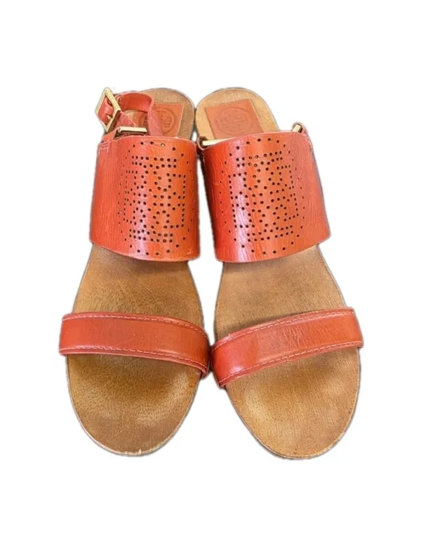Tory Burch Womens Orange Gold Leather Wooden Wedge Sandals Size 9 Boho Preppy - Image 3