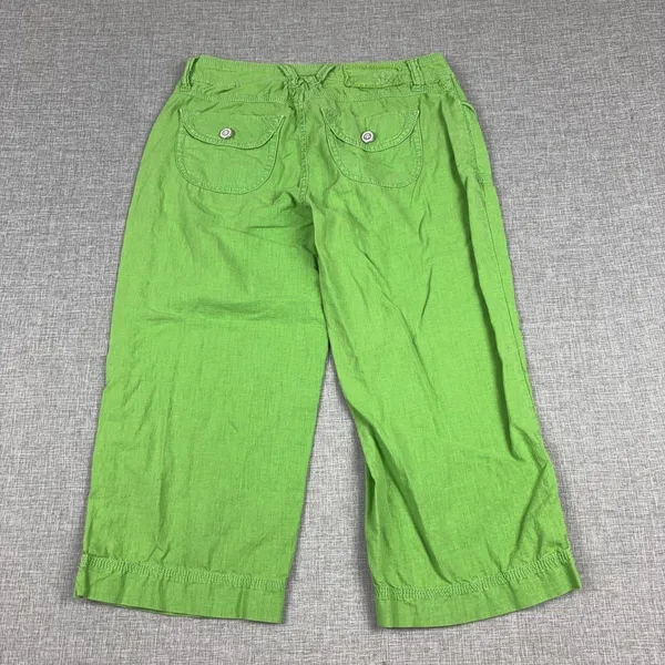 WORN Linen Blend Capri Pants Womens 4 Green Twill Cuffed Pockets Lightweight - Image 12