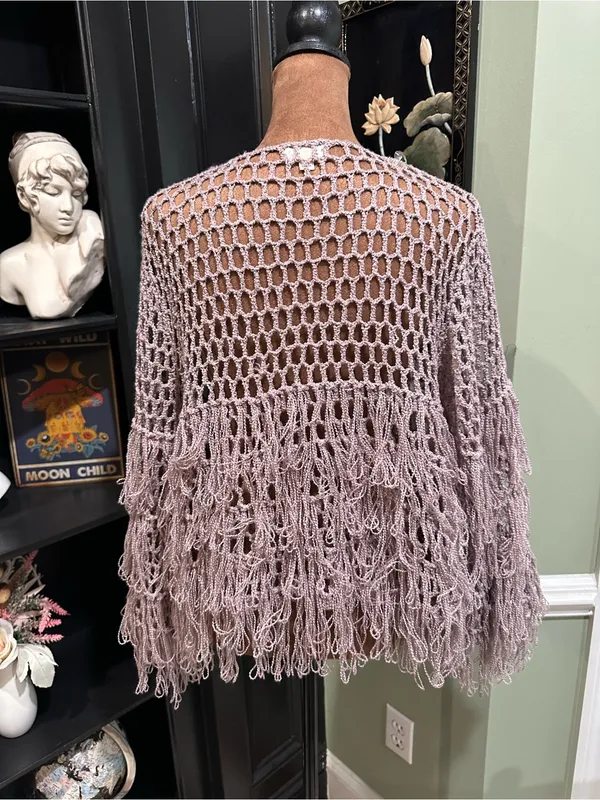 POL Lavender Fishnet Fringe Cardigan – Size Small (Fits S–L) - Image 7