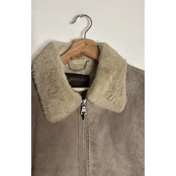 Guess Shearling Jacket Women's Tan Faux Fur Lined Suede Leather Coat Medium - Image 4