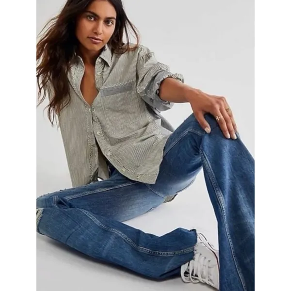 Free People Oversized Happy Hour Oxford Button Down Shirt Small Preppy Stripes - Image 3