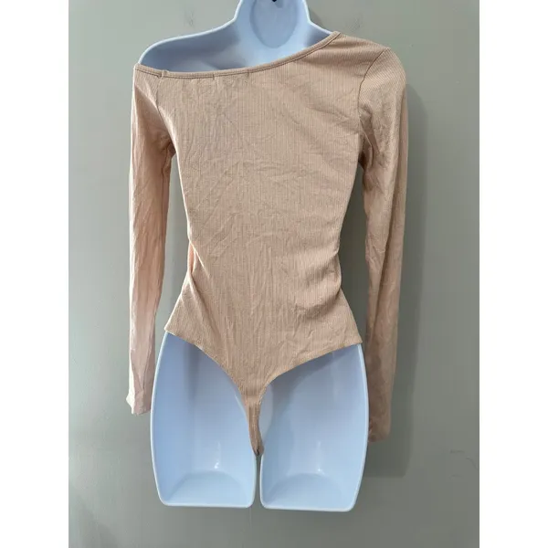 Trouvé Womens Ribbed Knit Bodysuit Long Sleeve‎ Off Shoulder Beige Size S - Image 3