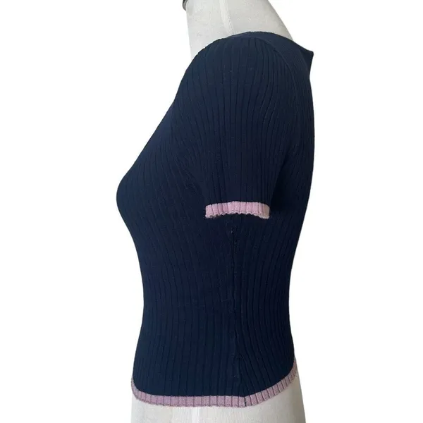 Ribbed Knit Cropped Baby Tee‎ Ruffle Edge Top S Navy Blue Pastel Stretch Indie - Image 5