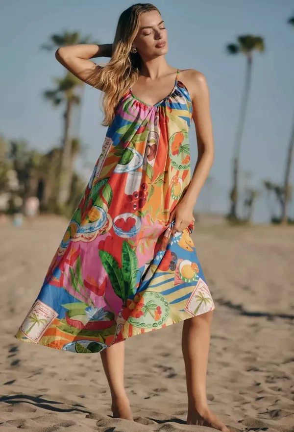Farm Rio Summer Picnic Midi Dress Small Belted Cotton Sleeveless Tropical - Image 3