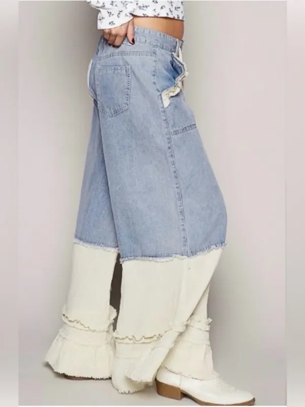 NWT POL Ruffle Hem Contrast Denim Wide Leg Jeans with Drawstring Waist - Image 12