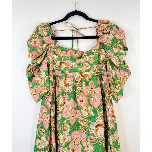 Misa Dress Green Kate Mini Ruched Puffed Floral Pintuck Tie Back A Line Boho XS - Image 8