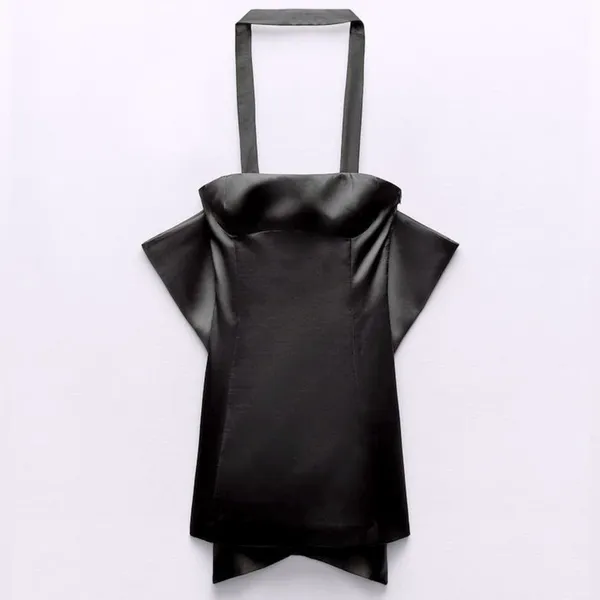 ZARA Large Back BOW TRIM VOLUMINOUS SATIN EFFECT MINI DRESS Black Size M NEW - Image 10