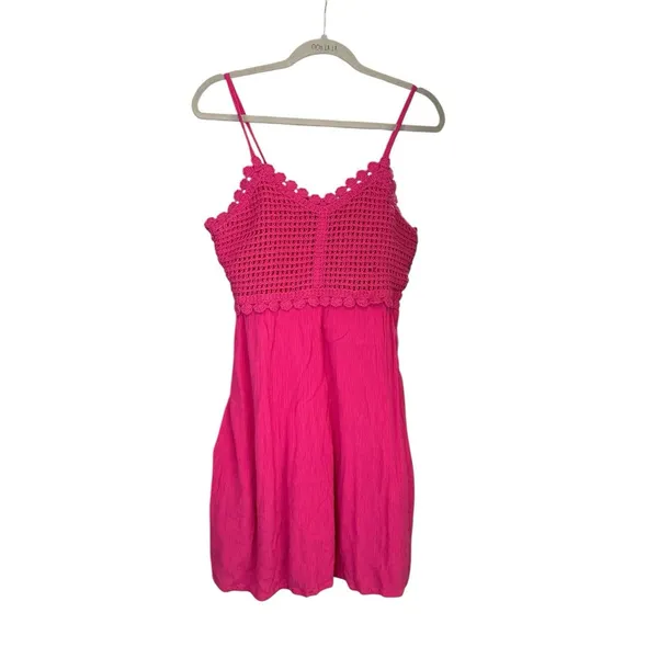 Juniors SO Dress Size L Fuchsia Mini Babydoll Crochet Mixed Media Cami WT - Image 3
