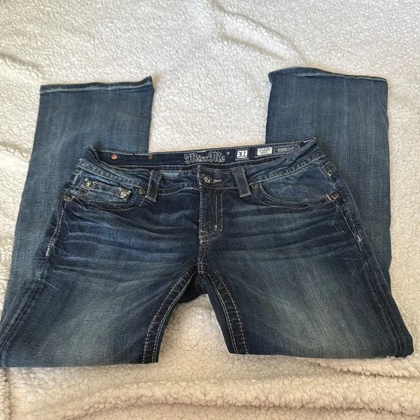 Y2K Miss Me Women's Low Rise Bootcut Blue Jeans with Embroidered Pockets - Image 2