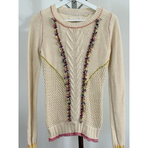 Anthropologie Angel Of The North Sweater Size S Ivory Knit Fringe Boho Crochet - Image 2