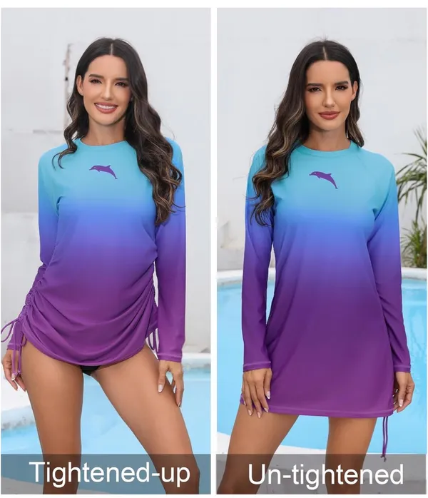 New Halcurt Women's Long Sleeve Rash Guard Swim Shirt with Tie Drawstring UPF 50+ Sun Protection Swimsuit Top - Image 2