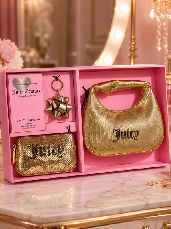 Juicy Couture Gold Mini Hobo 3-Piece Gift Set Wristlet Mirror NWT - Image 3