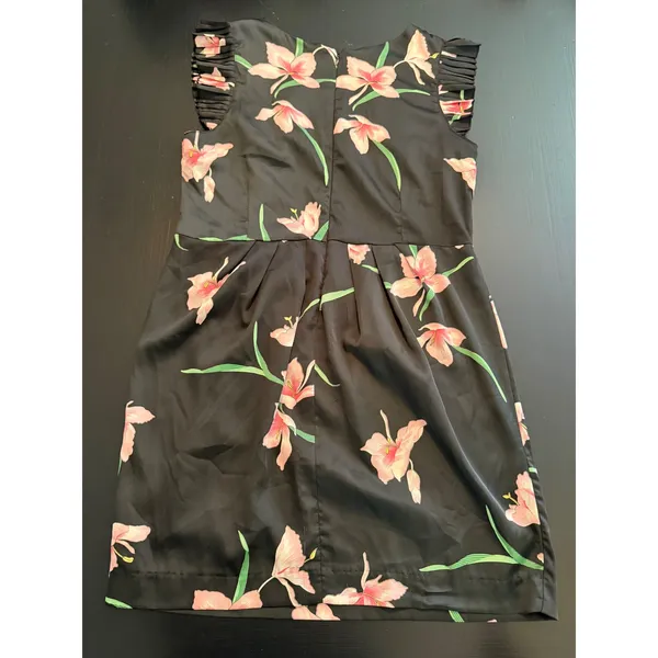 Orion London Floral‎ Mini Dress Black Pink Lily Pleated Ruffle Sleeve Size M/L - Image 6