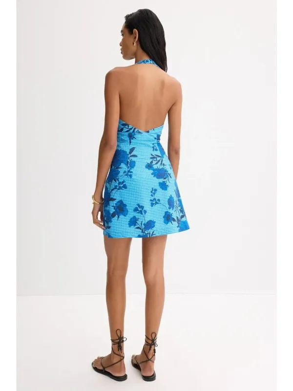 Jewel x Badgley Mischka Halter V-Neck Mini Dress in Blue 6 Womens Floral - Image 2
