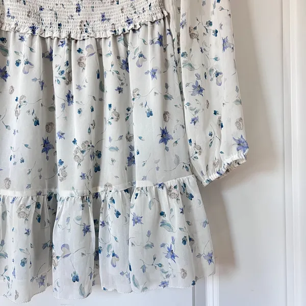 Aritzia Wilfred Tempest‎ Baby Blue Floral Smocked Long Sleeve Mini Dress Small - Image 4