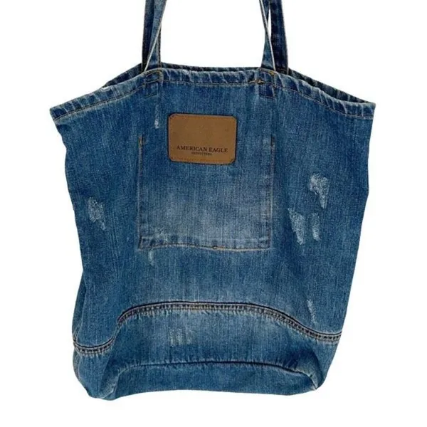 American Eagle Outfitters Denim Tote Bag.‎ Cotton Blue Medium Size - Image 3