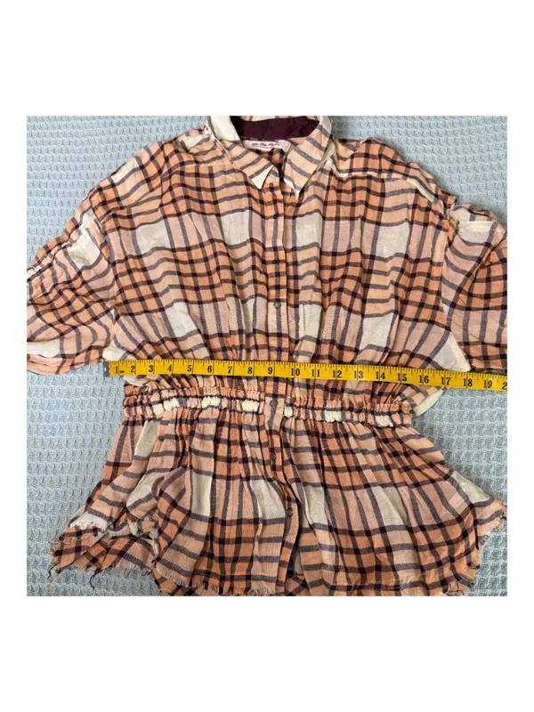 We The Free People Pacific Dawn Plaid Shirt Womens Medium Peach Ivory Boho Top - Image 7