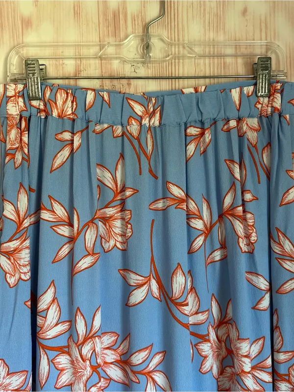 Talbots Blue Flowing Orange Hibiscus Ruffle Tiered Midi Skirt Size M - Image 6